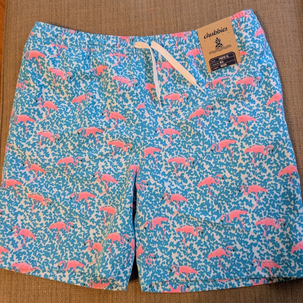 Chubbies Youth XL 18/20 Swim Trunks Blue Pink Flamingo Print Mesh Liner NWT